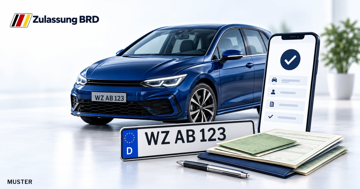 Online Fahrzeugzulassung in Eschenburg: Musterkennzeichen WZ AB 123, Auto und Fahrzeugpapiere und Smartphone. Illustration mit Logo von Zulassung BRD.